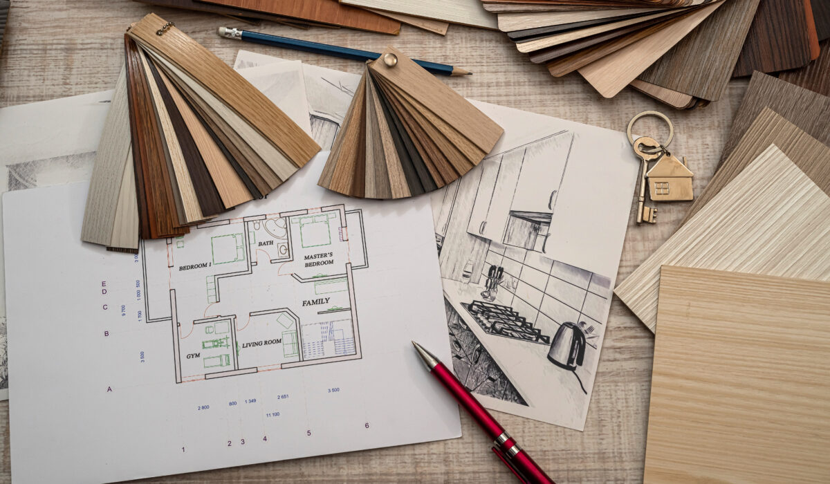 Architect construction engineer plan  with color sampler in office desk, business concept